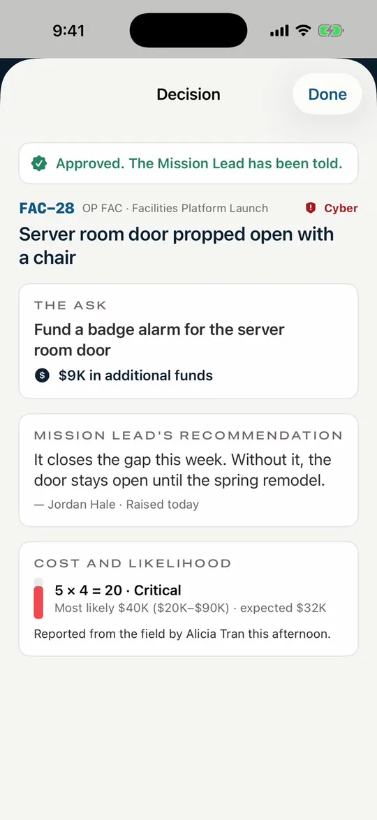 The decision approved, with the message: The Mission Lead has been told