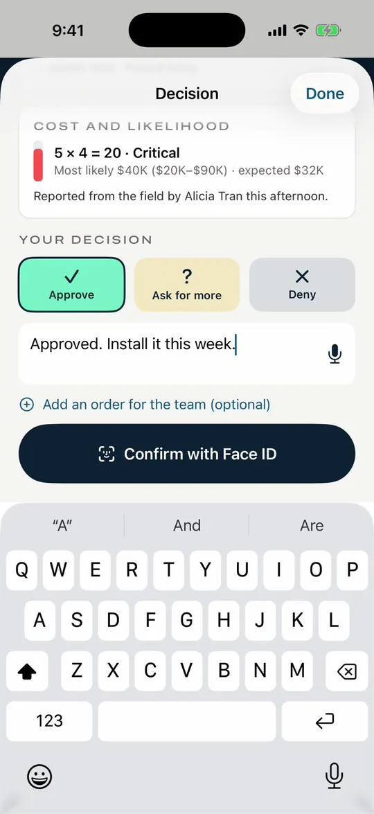 Approving a decision with a short note, then Confirm with Face ID