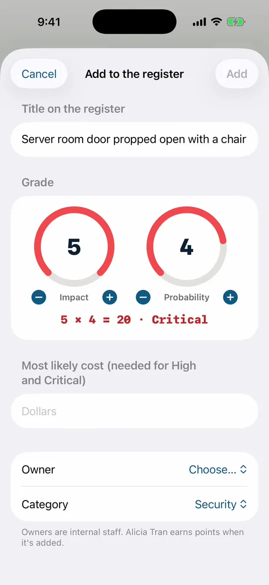 Grading a risk with two dials: impact 5 and probability 4, which makes 20, Critical