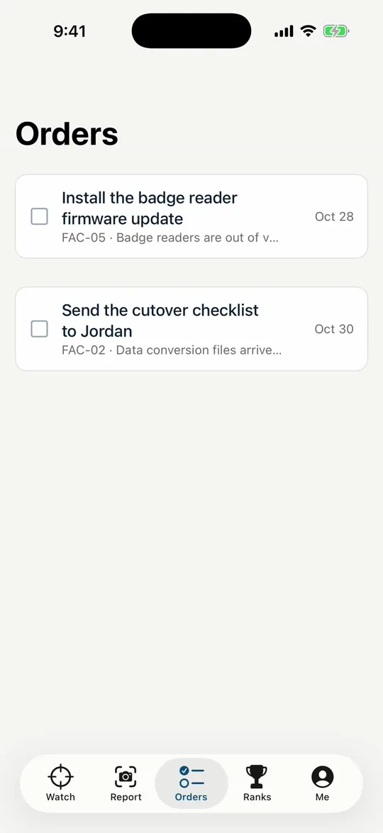 A vendor's orders, such as installing a badge reader firmware update, each with a due date