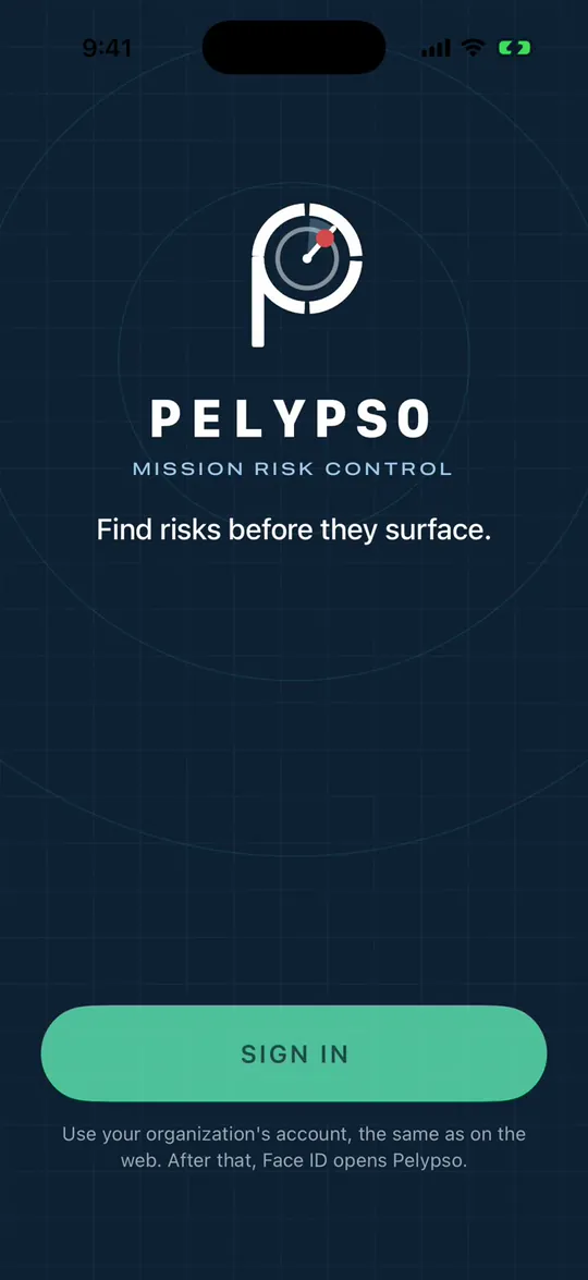 The Pelypso sign-in screen: sign in once with your organization's account, then Face ID opens the app