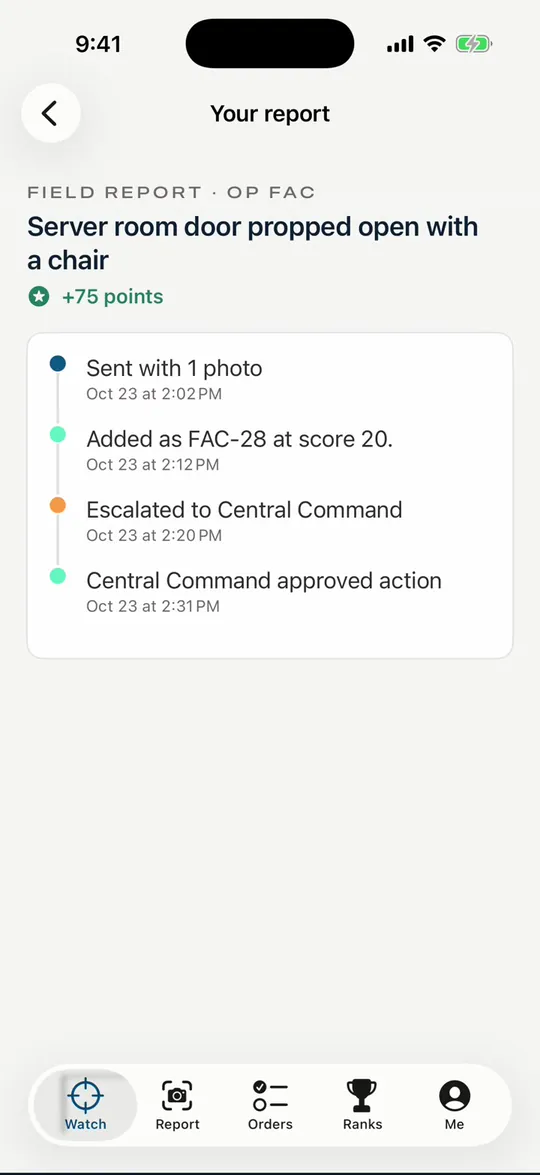 A field report's journey: sent with a photo, added at score 20, escalated to Central Command, and approved, all in about half an hour